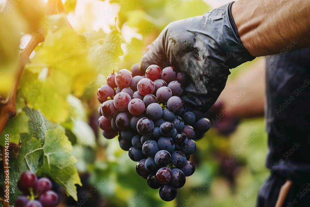 Obraz premium hand is holding a bunch of grapes. The grapes are purple and are hanging from a vine. Concept of freshness and abundance, as the hand is reaching out to pick the ripe fruit