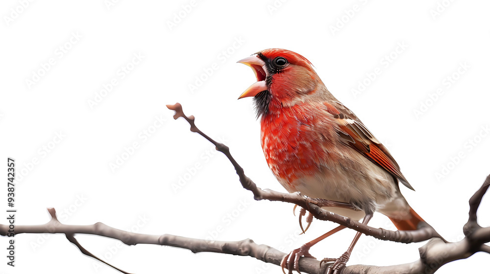 Beautiful red finch with long neck and open beak chirping with clear feathers standing on tree branch on white background, tansparent background, png file, Generative AI illustrations.
