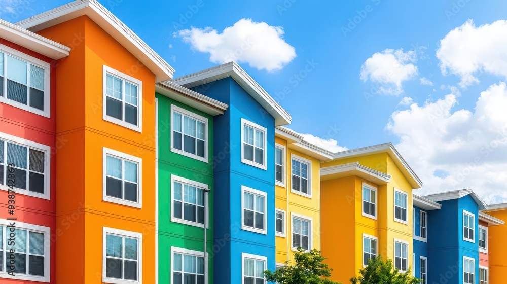 Vibrant apartment building with colorful facades under a bright blue sky, showcasing modern architecture and cheerful ambiance. Vibrant apartment building with colorful facades under a bright blue sky, showcasing modern architecture and cheerful ambiance.