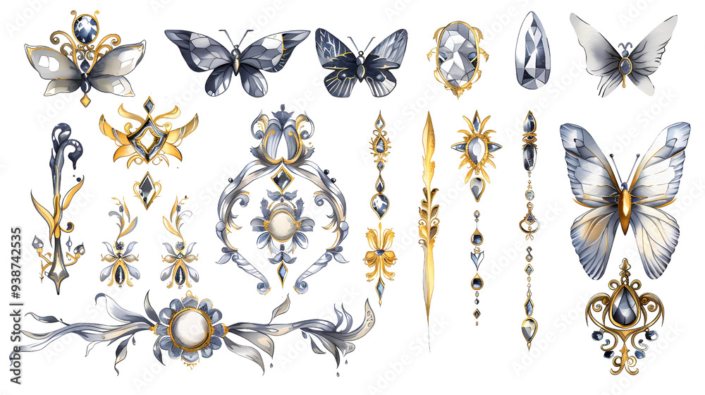 Fototapeta premium A clip art collection, gothic accessories, watercolor style, gold and silver colors, whimsical, gothic, feminine, isolated on white background, tansparent background, png file, Generative AI illustrat
