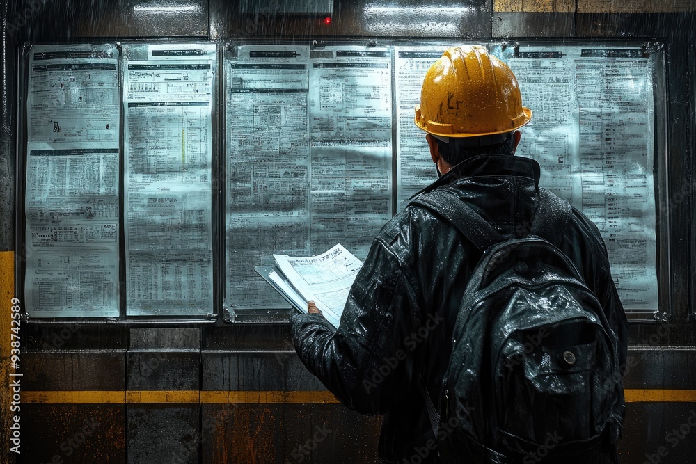 Man in yellow hard hat reading documents. This image portrays a construction worker diligently reviewing blueprints and plans in the midst of a rainy day. Man in yellow hard hat reading documents. This image portrays a construction worker diligently reviewing blueprints and plans in the midst of a rainy day.