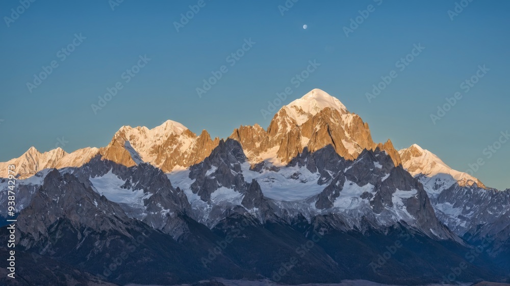 Fototapeta premium Golden sunlight illuminates the rugged peaks of a snow-capped mountain range under a clear blue sky, with a single cloud floating above. A perfect blend of serenity and majesty.
