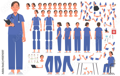 Nurse. Female doctor. Set for creating customized illustrations and character animation. Different positions of arms, legs, head. Vector illustration