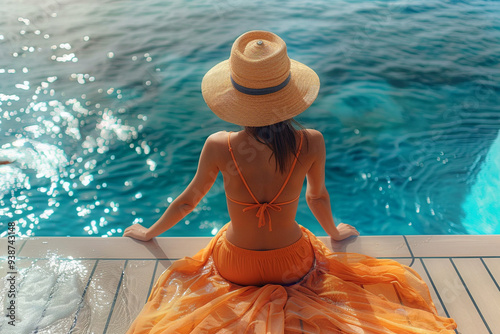 On a sunny summer morning, a fashionable woman exudes elegance as she sits by pool on empty deck of a luxurious cruise liner, her vibrant attire complementing sparkling blue waters, creating a captiv photo