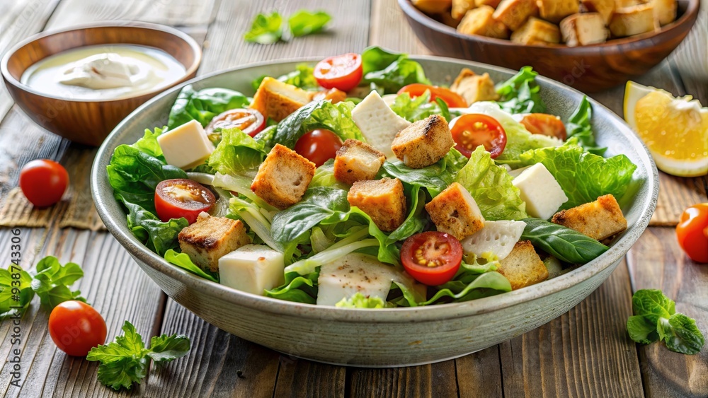 Close up shot of a delicious Caesar salad bowl with juicy fresh ingredients, Caesar salad, fresh, juicy, bowl, close up, shot Close up shot of a delicious Caesar salad bowl with juicy fresh ingredients, Caesar salad, fresh, juicy, bowl, close up, shot