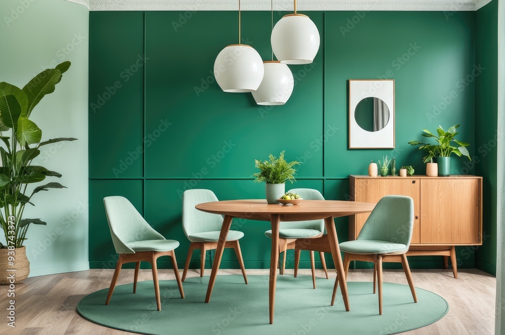 Mint color chairs at round wooden dining table in room with sofa and cabinet near green wall. Scandinavian, mid-century home interior design of modern living room Mint color chairs at round wooden dining table in room with sofa and cabinet near green wall. Scandinavian, mid-century home interior design of modern living room