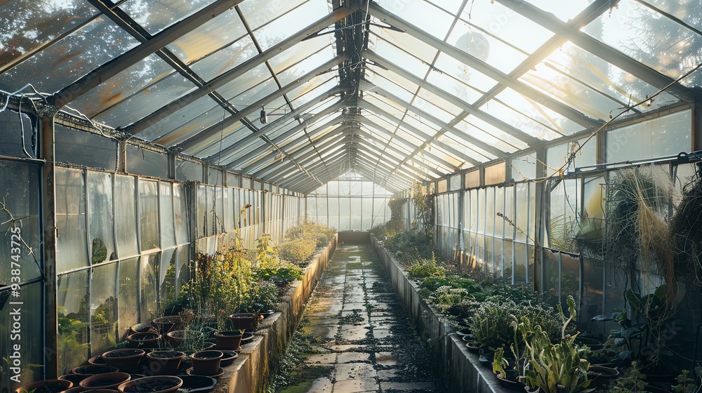 Serene Solitude: Abandoned Greenhouse Bathed in Sunlight, Rows of Plant Pots, Glass Ceiling Filtered Rays, Tranquil Garden Sanctuary Serene Solitude: Abandoned Greenhouse Bathed in Sunlight, Rows of Plant Pots, Glass Ceiling Filtered Rays, Tranquil Garden Sanctuary