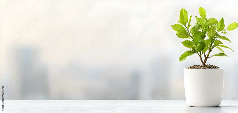 A fresh green plant in a white pot, set against a softly blurred background, perfect for nature and interior decor themes. A fresh green plant in a white pot, set against a softly blurred background, perfect for nature and interior decor themes.