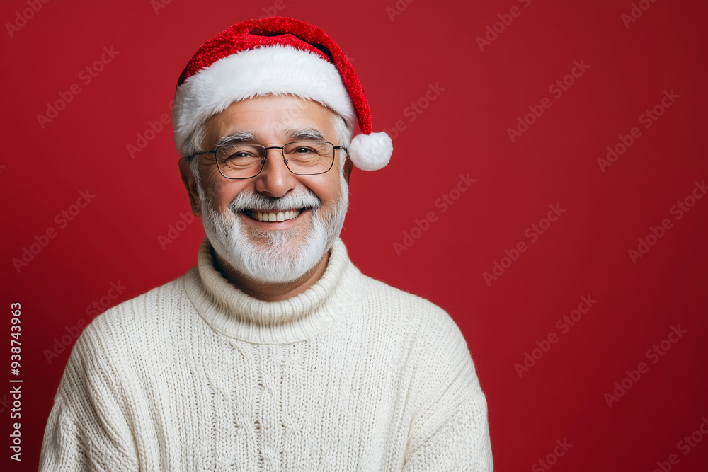 smiling older man wearing a red Santa hat and glasses. He is wearing a white sweater and smiling smiling older man wearing a red Santa hat and glasses. He is wearing a white sweater and smiling