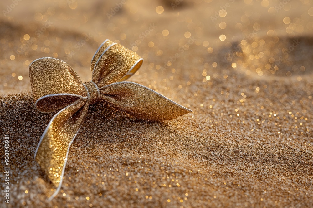 Golden Christmas bow ribbon on sand Golden Christmas bow ribbon on sand