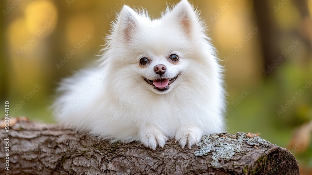 Fototapeta premium White Pomeranian Spitz. A Beautiful and Fluffy White Pomeranian Spitz Dog, Showcasing Its Elegant Fur and Adorable Features.