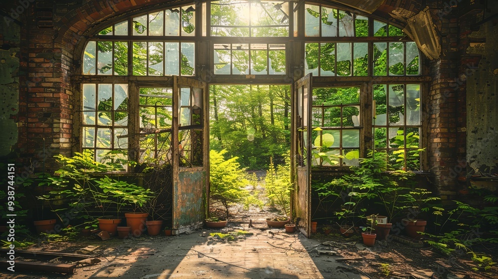 Obraz premium Serene Solitude: Abandoned Greenhouse Bathed in Sunlight, Rows of Plant Pots, Glass Ceiling Filtered Rays, Tranquil Garden Sanctuary
