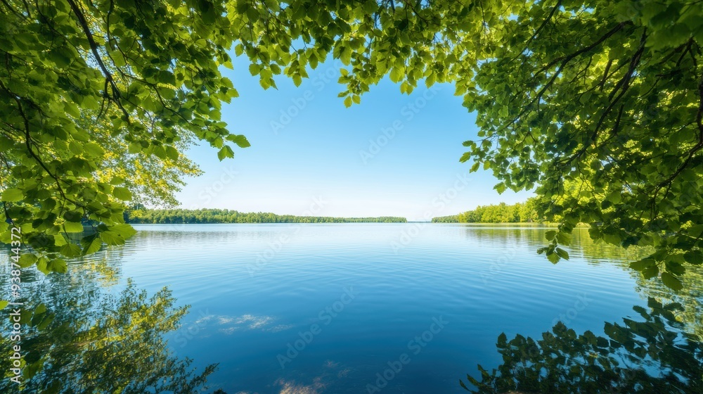 A serene lakeside scene with calm waters reflecting a clear blue sky, framed by tall trees and lush greenery. A serene lakeside scene with calm waters reflecting a clear blue sky, framed by tall trees and lush greenery.
