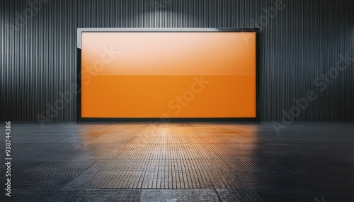 billboard on wall, empty room with lcd tv, Perspective view of blank orange digital screen wall and concrete floor background. 3D Rendering, empty room with a frame photo