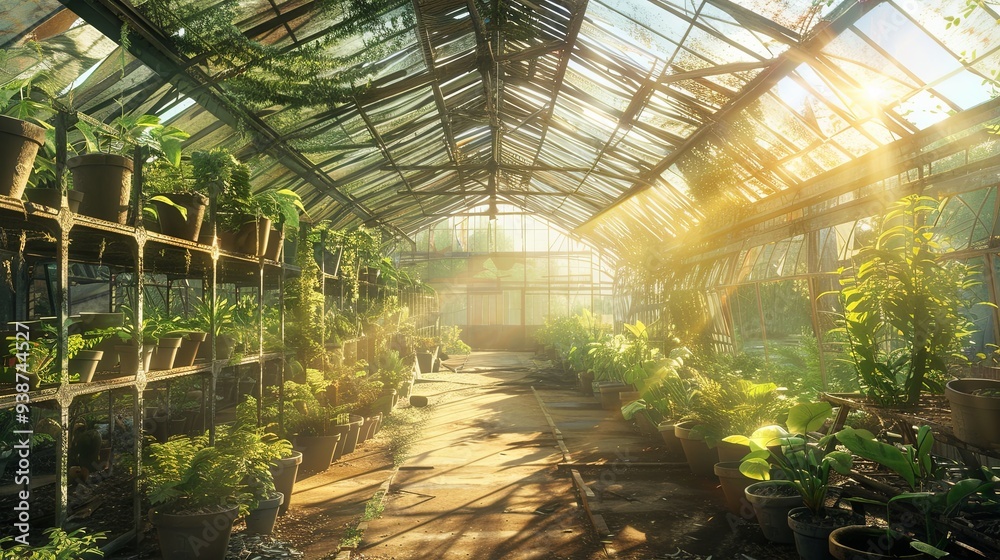 Serene Solitude: Abandoned Greenhouse Bathed in Sunlight, Rows of Plant Pots, Glass Ceiling Filtered Rays, Tranquil Garden Sanctuary Serene Solitude: Abandoned Greenhouse Bathed in Sunlight, Rows of Plant Pots, Glass Ceiling Filtered Rays, Tranquil Garden Sanctuary