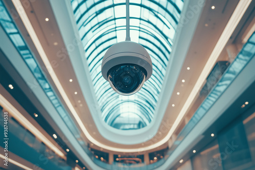 camera is suspended from the ceiling in a large building. The camera is pointed downward, capturing the space below. Concept of surveillance and control, as if the camera is watching over the people