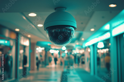camera is suspended from the ceiling in a large building. The camera is pointed downward, capturing the space below. Concept of surveillance and control, as if the camera is watching over the people