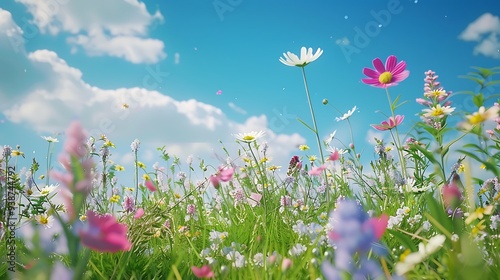 Serene nature background adorned with colorful wild flowers under a clear blue sky