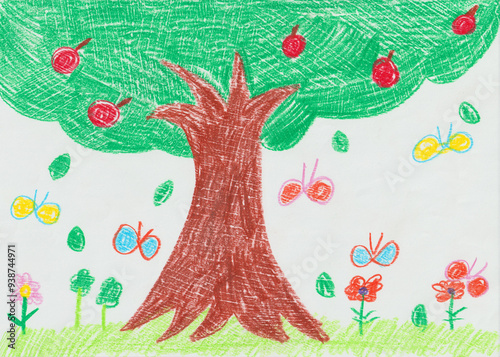 子供が描いた大きな木とちょうちょの絵