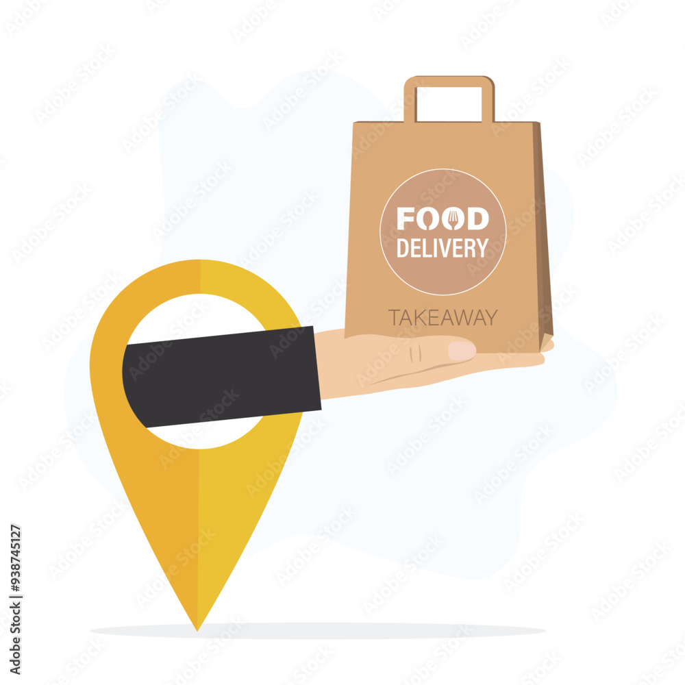 Food delivery, human hand give paper bag from giant navigation pin. Take away paper food bag. Food delivery from restaurants, cafe and supermarkets. Deliveryman holds package. Food delivery, human hand give paper bag from giant navigation pin. Take away paper food bag. Food delivery from restaurants, cafe and supermarkets. Deliveryman holds package.