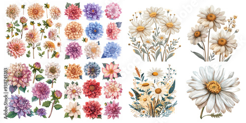 A collection of flower images, including daisies, dahlias, and roses. The images are colorful and vibrant, with a mix of different shades and hues. The overall mood of the images is cheerful