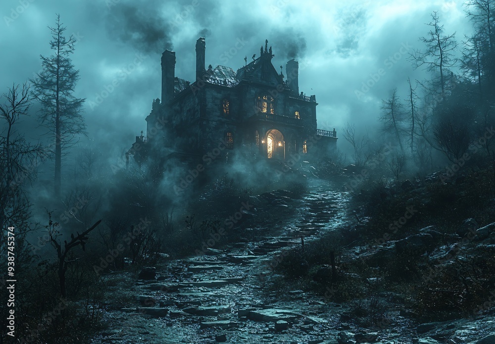 Fototapeta premium A hauntingly beautiful depiction of a spooky old mansion enveloped in fog, perfect for Halloween themes and designs with copy space.