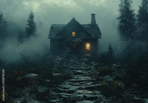 A spooky, haunted house in a foggy forest setting, perfect for Halloween-themed decorations and storytelling with copy space.