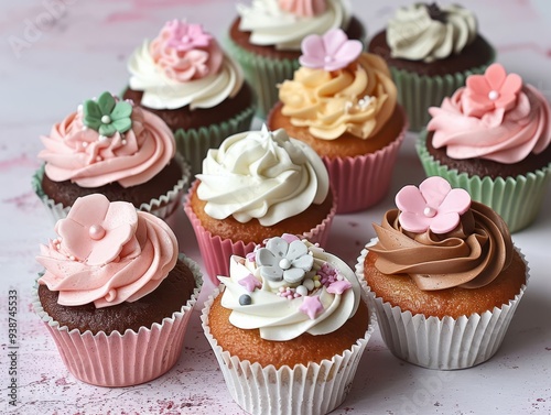 A delightful assortment of colorful cupcakes with intricate frosting designs and flower decorations on a light, textured background.