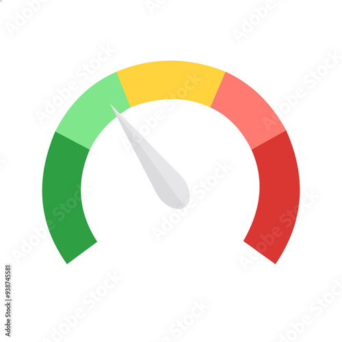Scale, level of performance. Speed dial indicator. Speedometer, gauge meter icons.  Green, yellow, red, low and high barometer, dashboard with arrow. Vector illustration
