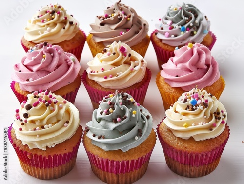 A variety of colorful cupcakes with swirled frosting and sprinkles arranged neatly in a 3x3 grid on a white background. photo