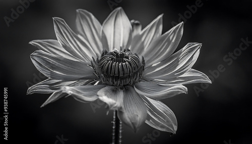 A black and white photograph captures a flower with a lengthy central stem