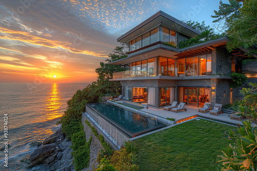 Envision a modern villa nestled along coast, offering a tranquil and scenic retreat with a wide-angle view of sparkling ocean, framed by golden hues of a breathtaking sunset, creating a serene and lu photo