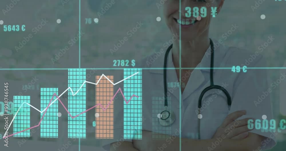 Smiling medical professional with financial data and graphs animation in background