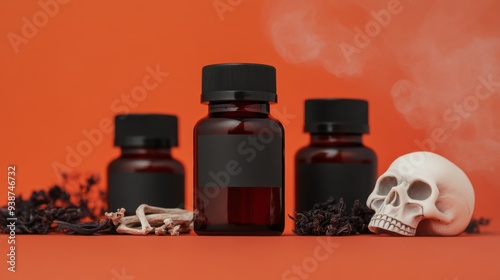 A mysterious set of potion bottles arranged on a wooden shelf each labeled with eerie names like Witchs Brew and Ghostly Mist The bottles are surrounded by dried herbs bones and a skull candle  photo