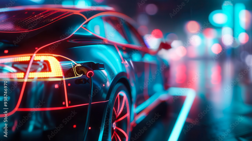 Fototapeta premium A sleek electric vehicle illuminated by vibrant neon lights on a city street, showcasing modern design and technology in motion.