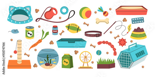 Pet toy. Domestic animals accessories. Dogs house. Cats cage. Food bows. Veterinary goods. Puppies bed. Vet care. Training supplies. Canine things. Kitty ball. Fish aquarium. Grooming stuff vector set