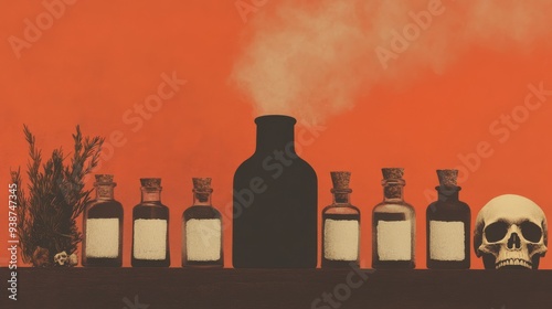 A mysterious set of potion bottles arranged on a wooden shelf each labeled with eerie names like Witchs Brew and Ghostly Mist The bottles are surrounded by dried herbs bones and a skull candle  photo