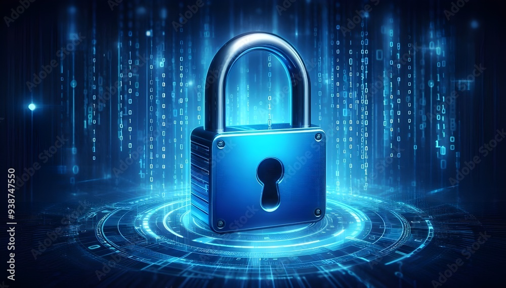 digital padlock on abstract cyber security technology blue background with binary code digital padlock on abstract cyber security technology blue background with binary code