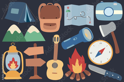 Camping travel equipment vector set