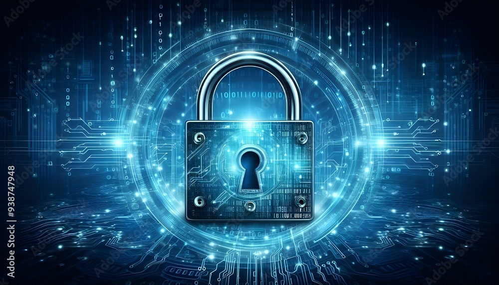 digital padlock on abstract cyber security technology blue background with binary code digital padlock on abstract cyber security technology blue background with binary code