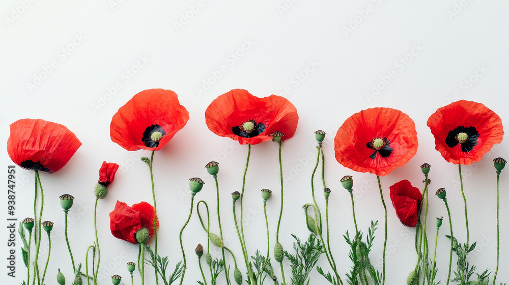 Fototapeta premium vibrant display of red poppies with delicate buds set against a clean white background. The poppies are in full bloom, showcasing their bright red petals that appear soft and velvety.