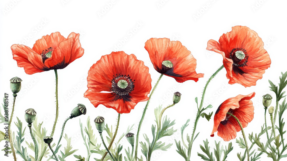 Obraz premium vibrant display of red poppies with delicate buds set against a clean white background. The poppies are in full bloom, showcasing their bright red petals that appear soft and velvety.