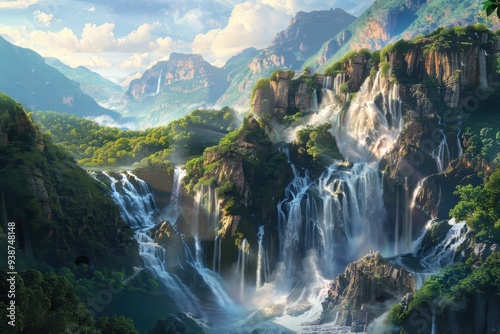 Majestic Waterfalls Cascading Through Lush Green Mountains