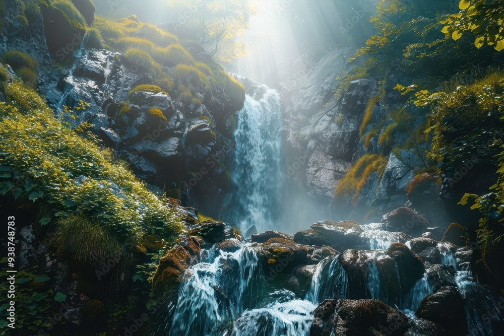 Obraz premium Sunlit Waterfall Cascading Through Misty Mountain Gorge