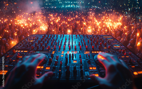 DJ playing and mixing music in nightclub party at night . EDM dance music club with crowd of young people celebrating the energetic youth lifestyle .. Peculiar AI generative image realistic image