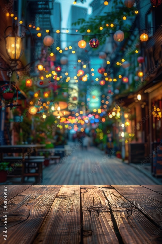 Blurry background of decorated street, wooden tabletop, vibrant and colorful, bright lights, ample space for design or text Blurry background of decorated street, wooden tabletop, vibrant and colorful, bright lights, ample space for design or text