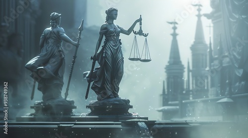 Statues of Lady Justice stand in front of a foggy cityscape, the main one holding scales and a sword. The cityscape is blurred and shrouded in fog. photo