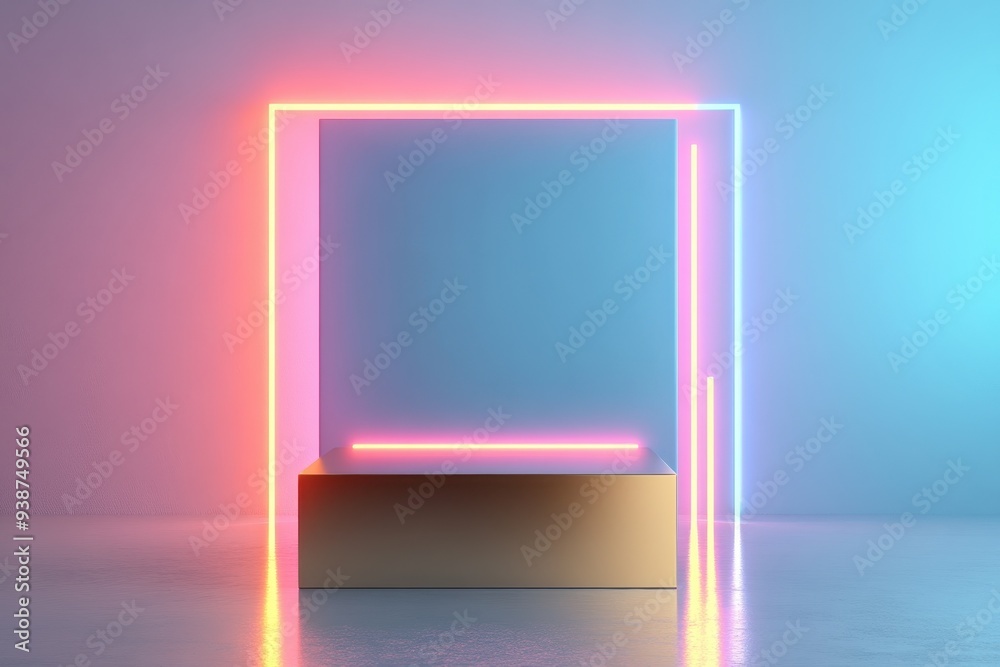 Futuristic Abstract Geometric 3D Podium with Neon Lights for Tech Gadgets Showcase Futuristic Abstract Geometric 3D Podium with Neon Lights for Tech Gadgets Showcase
