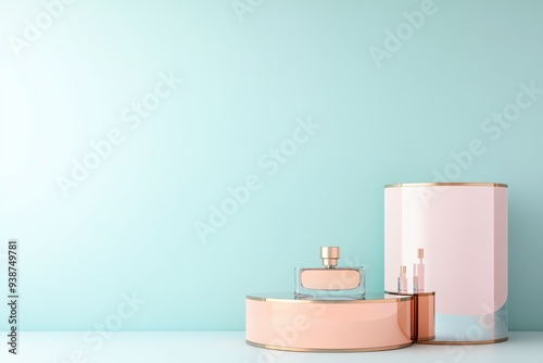 Luxe Reflections - Circular 3D Podium with Mirrored Surfaces Displaying Soft Pastel Tones for Luxury Perfumes