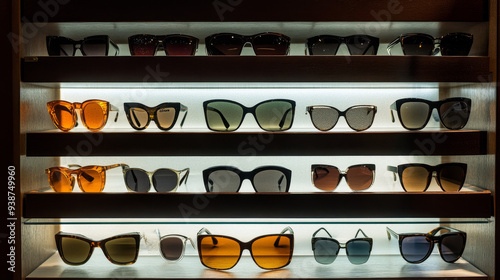 A stylish display of sunglasses, shades, and eyeglasses on a backlit stand at an unidentified fashion shop shelf. The stand is illuminated from behind, highlighting the variety of eyewear 